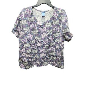 Zoe+Chloe 2XL Butterfly Print Scrub Top Purple Blue White Short‎ Sleeve